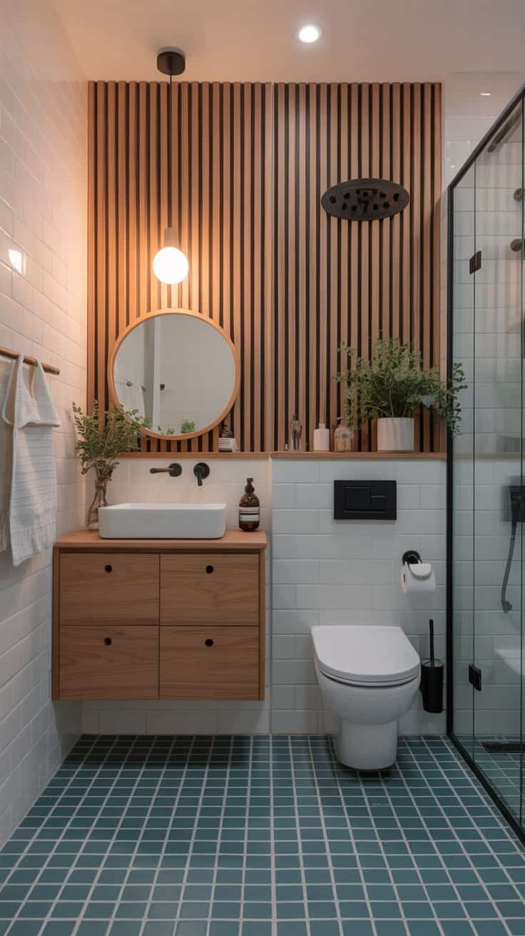 Scandinavian-style small bathroom with vertical wood slat accents Scandinavian-style small bathroom with vertical wood slat accents
