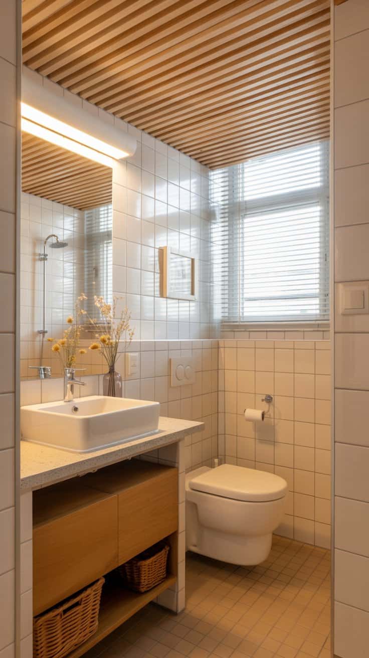 Scandinavian-style small bathroom with wood-slatted ceiling details Scandinavian-style small bathroom with wood-slatted ceiling details