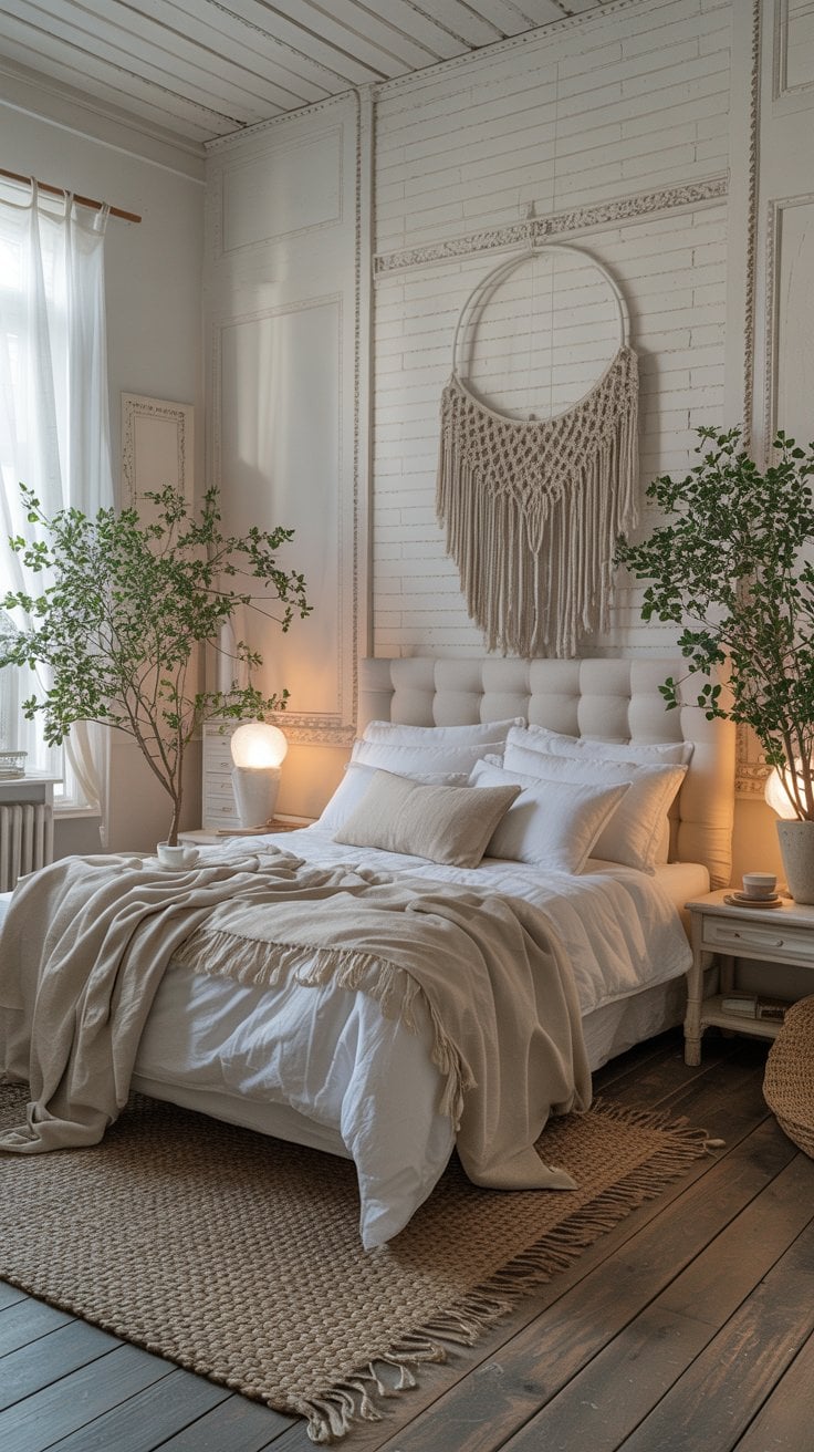 Shabby chic bedroom with minimal, thoughtful styling and plenty of negative space creating a calm atmosphere