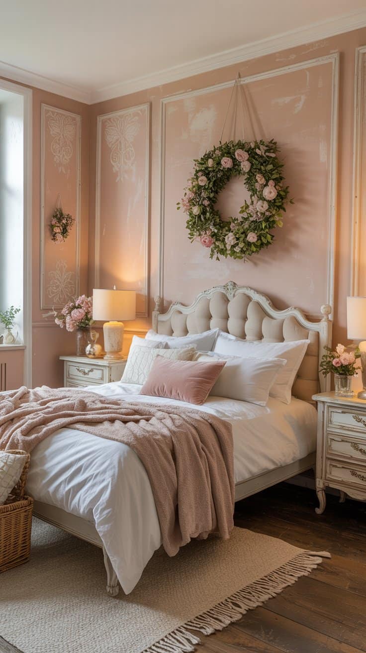 Shabby chic bedroom with walls painted in warm cream or soft blush tone creating a cozy, romantic atmosphere