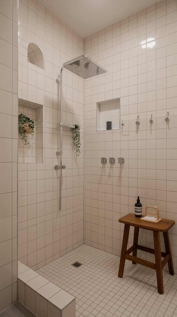 Small Scandinavian bathroom shower with minimal wooden bench Small Scandinavian bathroom shower with minimal wooden bench