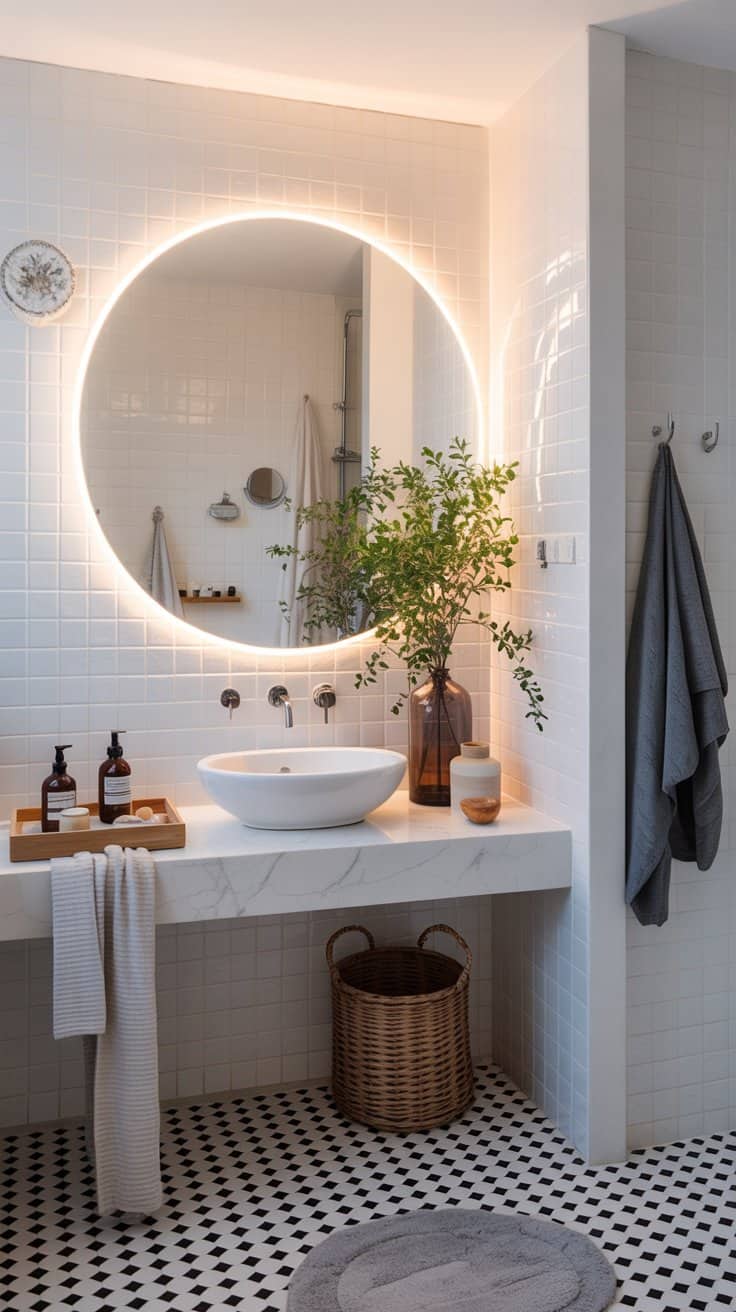 Small Scandinavian bathroom with all-white spa feel and oversized mirror Small Scandinavian bathroom with all-white spa feel and oversized mirror