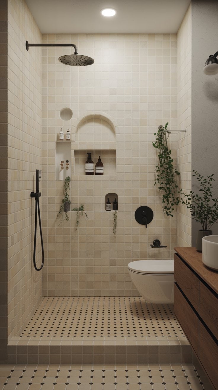 Small Scandinavian bathroom with built-in shower niches Small Scandinavian bathroom with built-in shower niches
