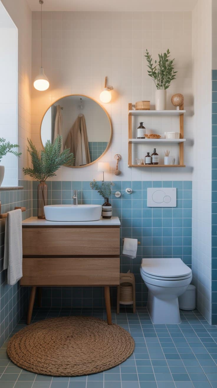 Small Scandinavian bathroom with coastal touches in soft blues and sandy neutrals Small Scandinavian bathroom with coastal touches in soft blues and sandy neutrals