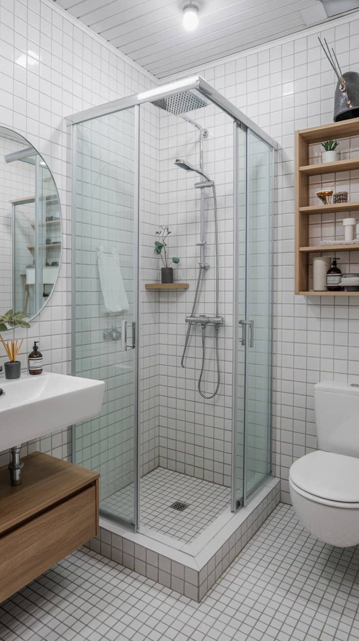 Small Scandinavian bathroom with compact corner shower layout Small Scandinavian bathroom with compact corner shower layout