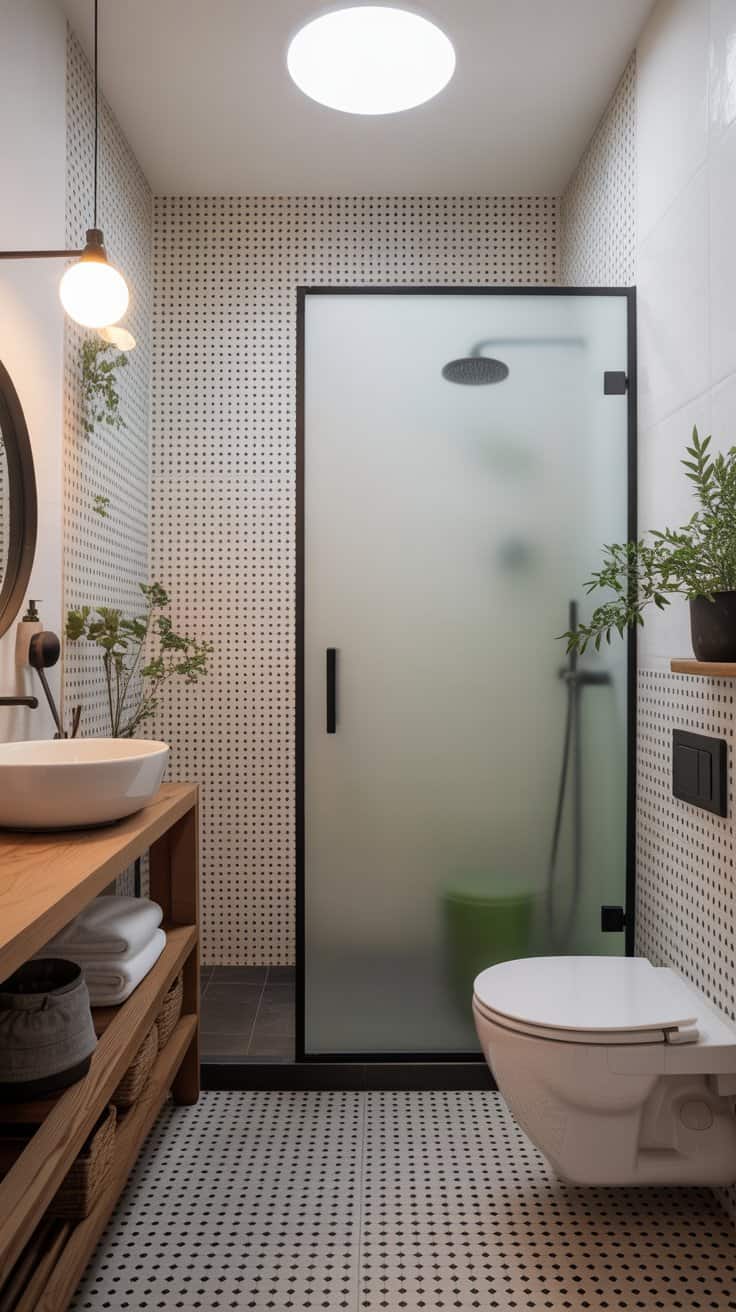 Small Scandinavian bathroom with frosted glass shower partition Small Scandinavian bathroom with frosted glass shower partition