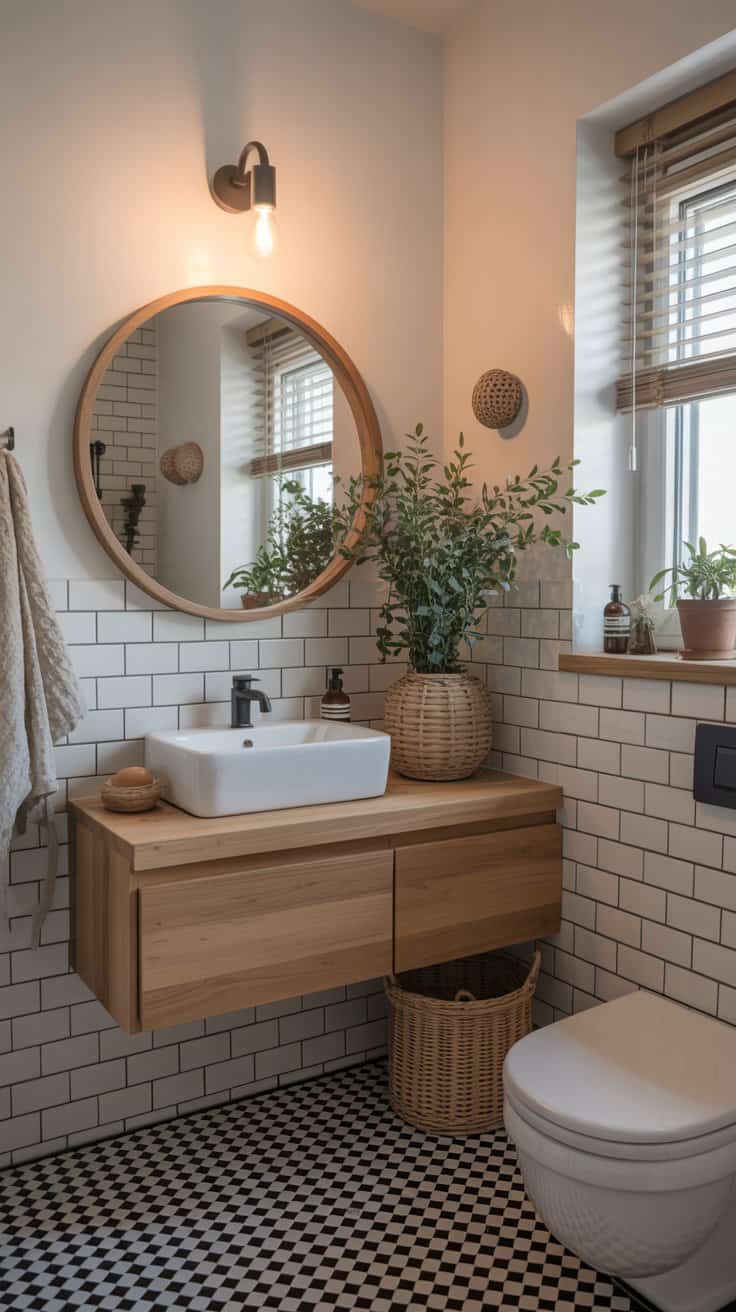 Small Scandinavian bathroom with natural timber accessories Small Scandinavian bathroom with natural timber accessories