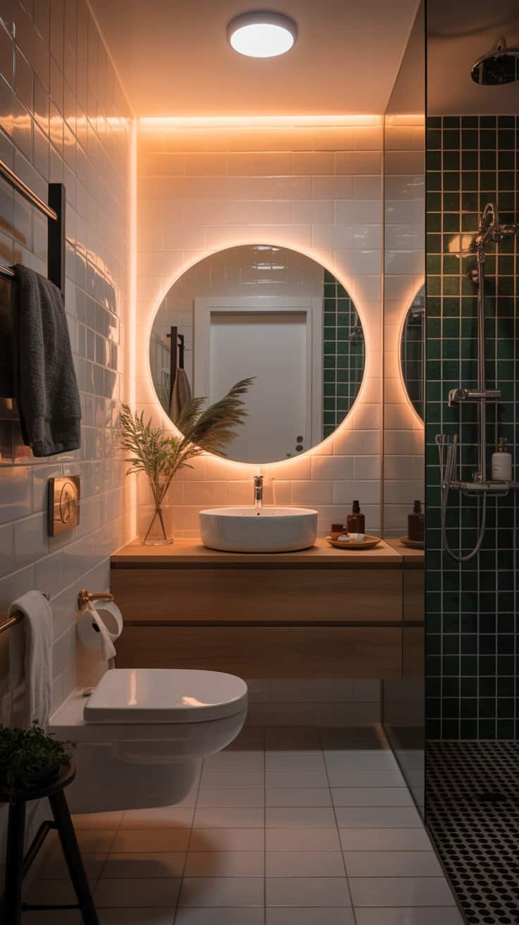 Small Scandinavian bathroom with warm, layered lighting Small Scandinavian bathroom with warm, layered lighting