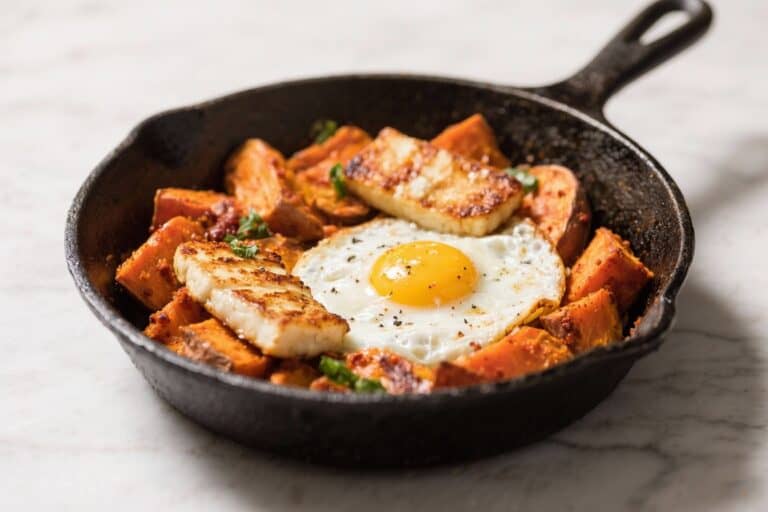 Harissa Sweet Potato, Halloumi & Egg Breakfast Skillet – A Bright, Satisfying Start