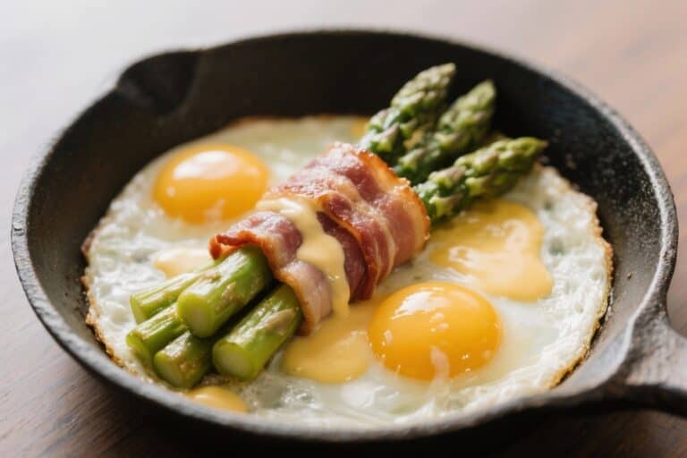 Bacon-Wrapped Asparagus & Soft Egg Skillet with Hollandaise Drizzle