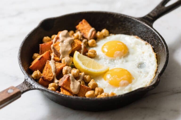 Tahini-Roasted Sweet Potato, Crispy Chickpea & Egg Breakfast Skillet