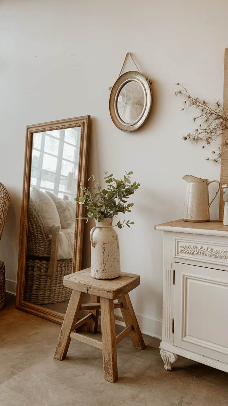 Vintage and vintage-style pieces in cottagecore home decor including wooden stools, old mirrors, and ceramic pitchers