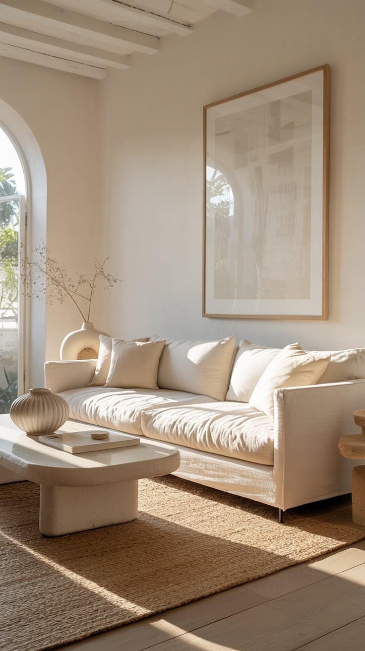 Wide shot, sun-washed minimalist living room in warm white with soft morning light: low-profile linen sofa in cream, curved plaster coffee table, ribbed ceramic vase, single oversized gallery frame with pale abstract art, bleached oak floors, thin jute rug, subtle seafoam throw pillows; clean geometry, uncluttered, serene atmosphere.