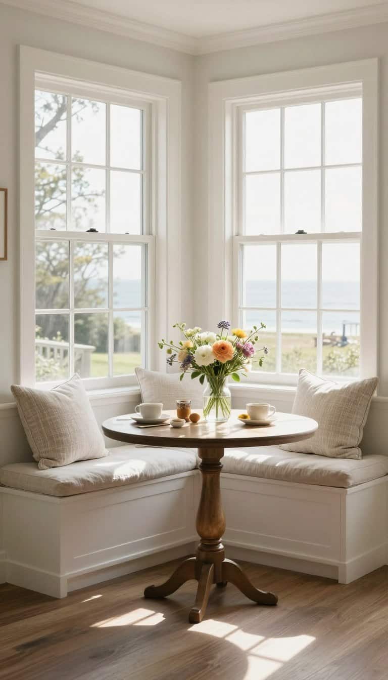 Bright breakfast nook with white built-in window bench, natural linen cushions, and morning sunlight streaming through tall windows