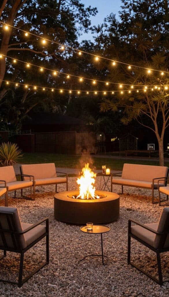 Circular gravel fire pit area with string lights creating a canopy overhead