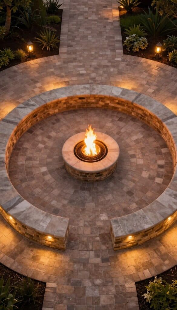 Circular patio with warm-toned pavers and evenly spaced seating around central fire pit