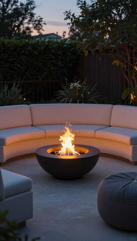 Compact fire bowl tucked into patio corner with curved seating arrangement
