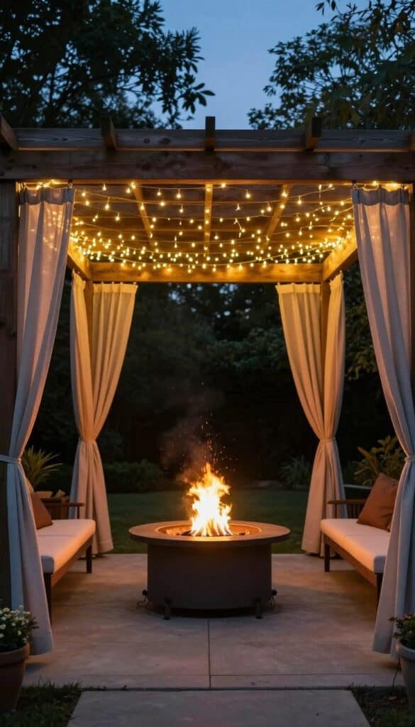 Fire pit area under wooden pergola with twinkling lights woven through beams