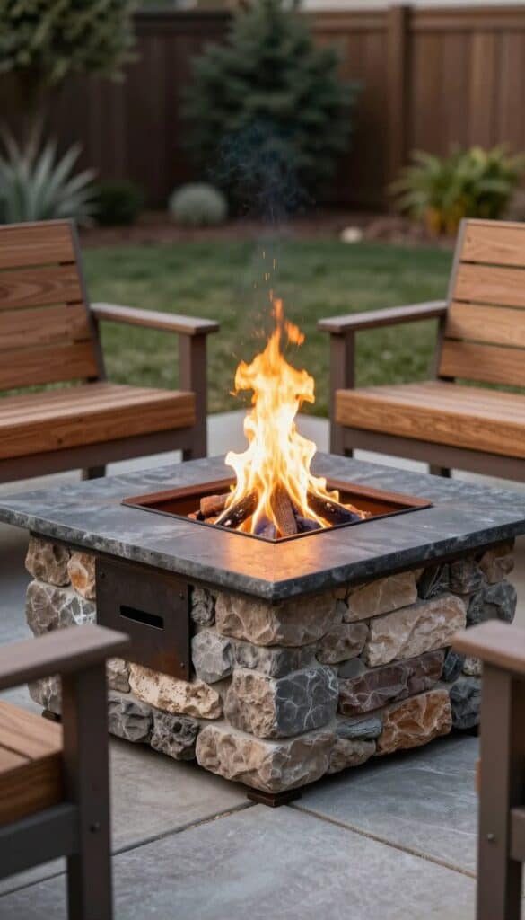 Fire pit combining stone, wood and metal elements with textural contrast