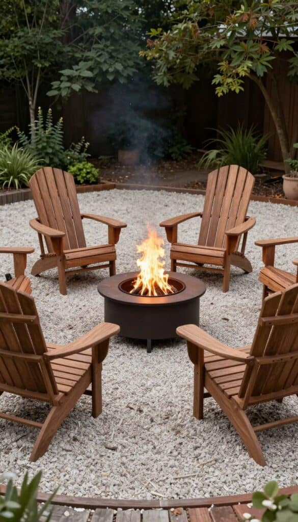 Fire pit surrounded by gravel area and wooden Adirondack chairs