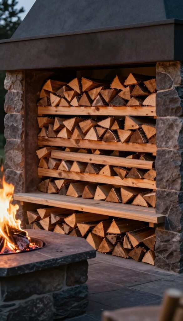 Fire pit with integrated wood storage showing horizontal stacked logs