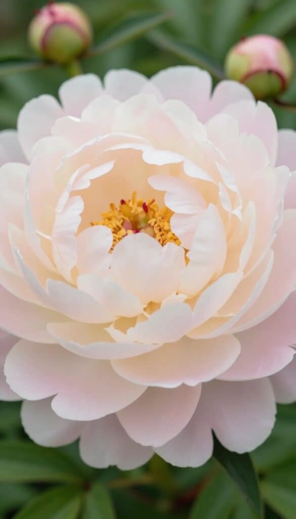 Full blush pink peony blooms with layered petals creating luxurious cottage garden romance