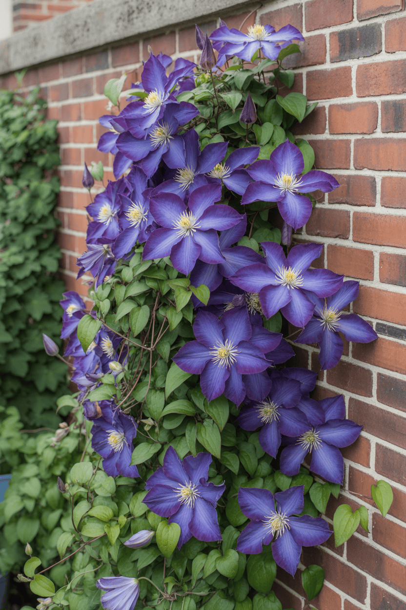 Purple clematis climbing up brick garden wall with star-shaped blooms