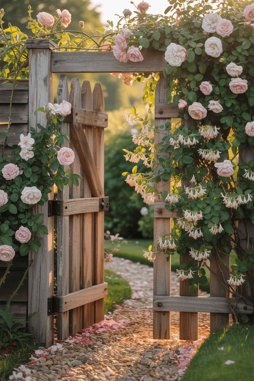 Wooden garden gate surrounded by roses and honeysuckle with gravel path