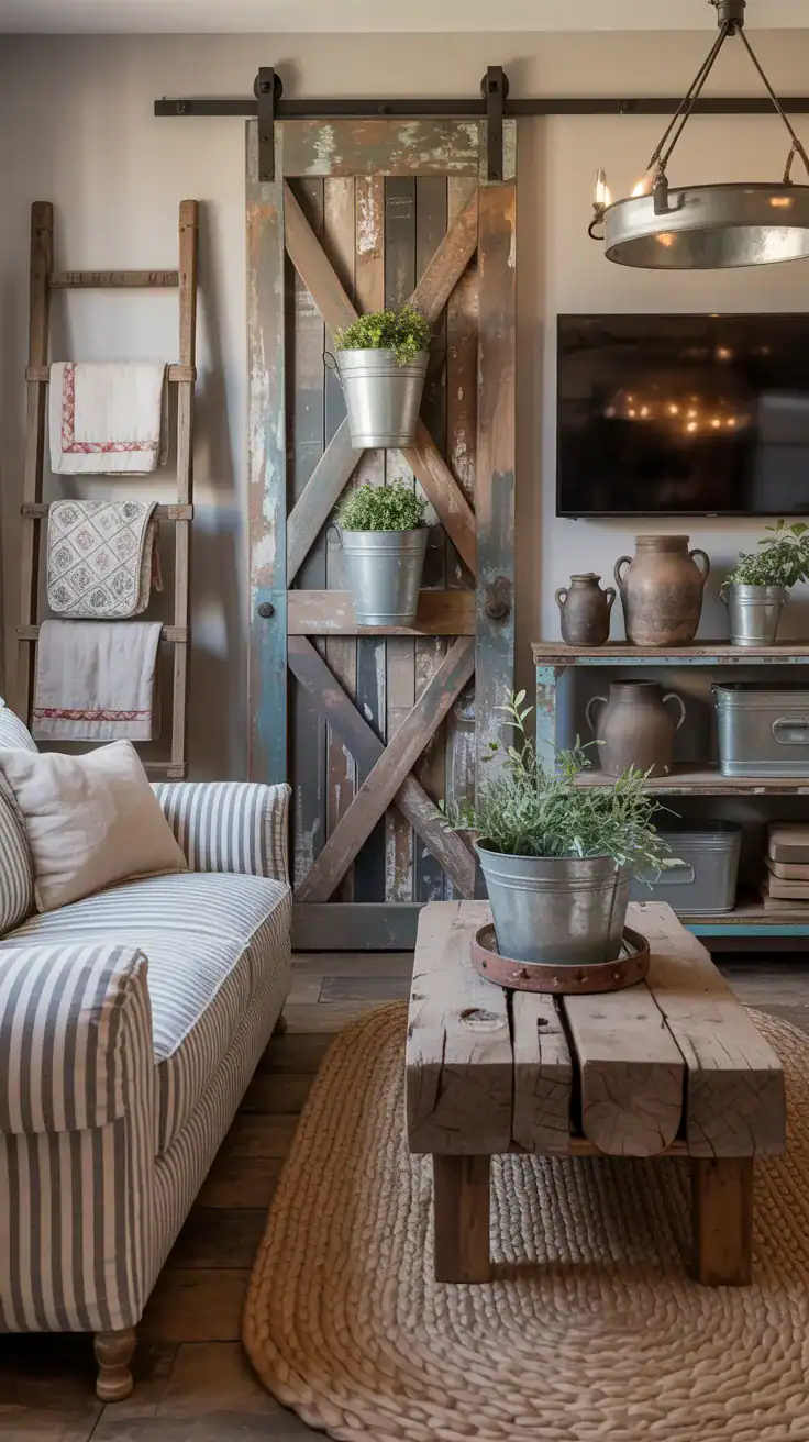 Wide shot: Rustic farmhouse shabby mix with a ticking stripe sofa facing a chunky reclaimed wood coffee table; galvanized wall planters and stoneware crocks styled on shelves; a barn door media console with chippy paint anchors the wall; a braided wool rug grounds the space; a rustic ladder shelf layered with folded quilts adds texture; warm, diffuse daylight, photorealistic.