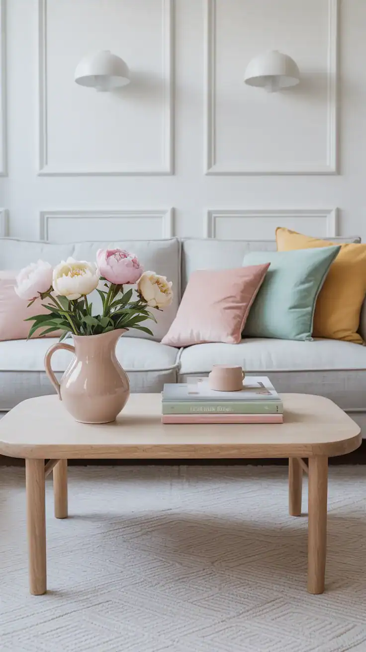 Medium shot: Scandinavian pastel minimal living room with white walls, a pale gray linen sofa, and restrained pops of mint, blush, and butter yellow; a blonde wood coffee table with rounded edges sits on a subtle diamond-pattern flatweave rug; decor is minimal—ceramic pitcher with peonies, a small stack of pastel books, and matte white sconces; clean soft daylight, photorealistic.