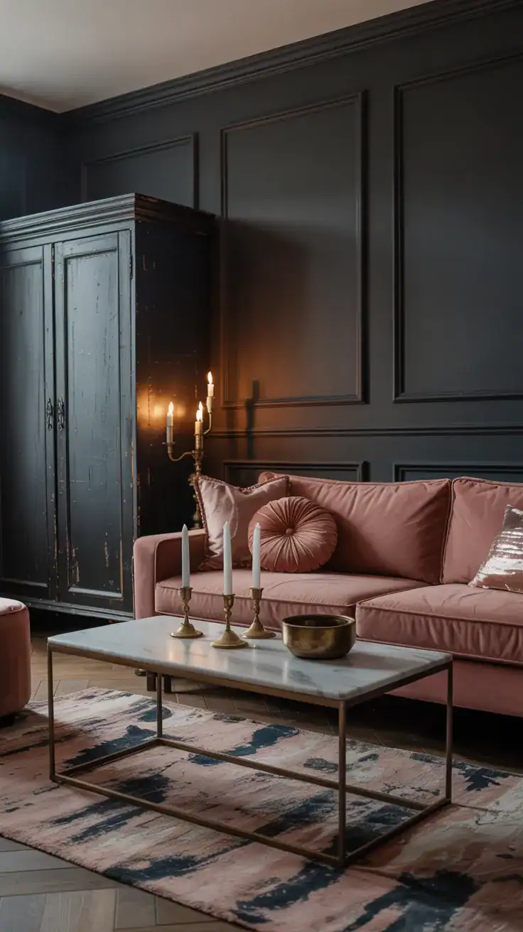 Medium shot: Moody cottage mix with a charcoal accent wall behind a rose velvet sofa; a black-painted vintage cabinet with distressed edges; a marble-topped coffee table; accents of aged brass candlesticks, velvet pillows, and a hand-knotted rug in blush and inky navy; low, warm ambient lighting for dramatic yet cozy mood, photorealistic.