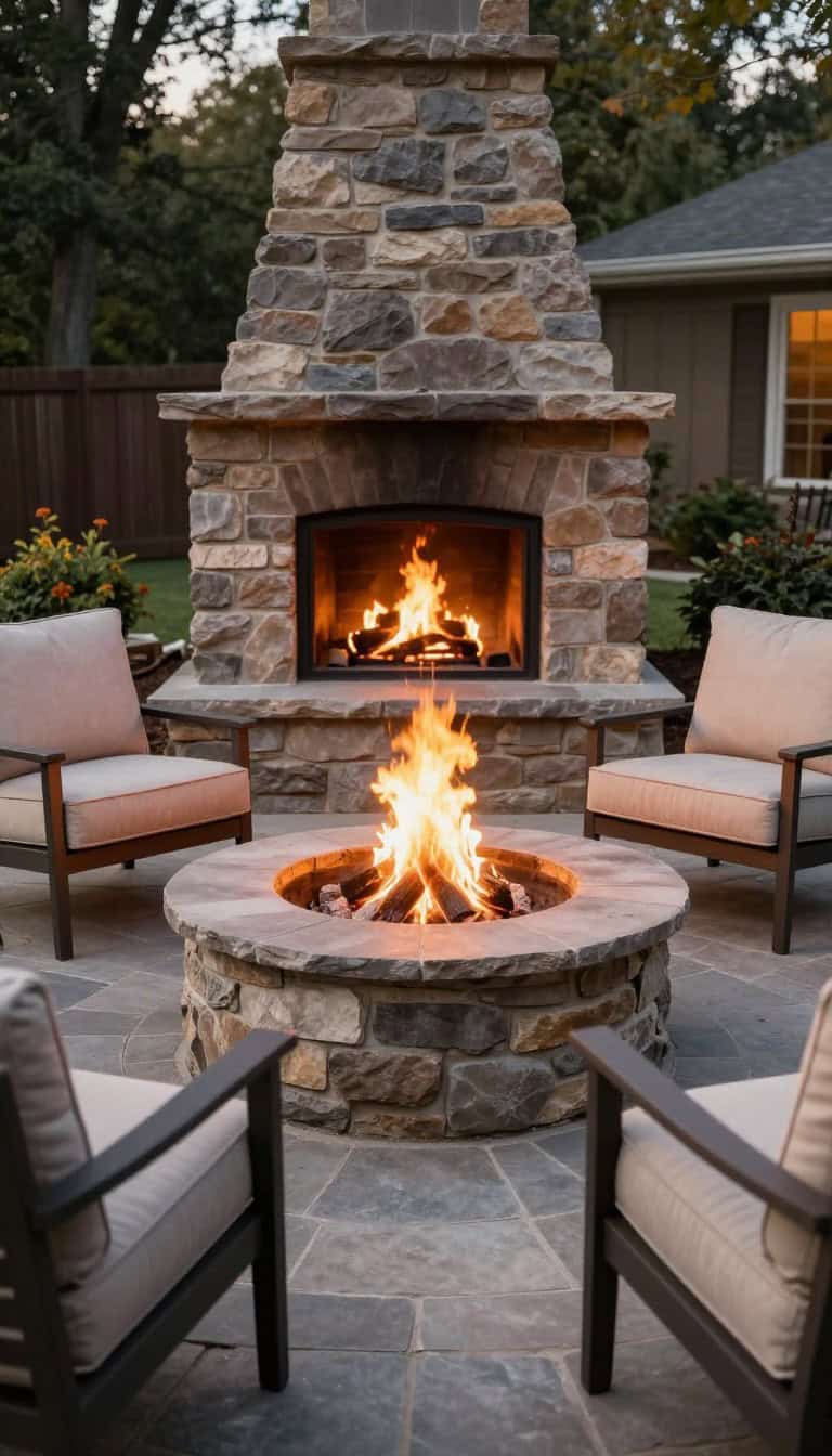Classic stone fire pit surrounded by comfortable deep seating chairs with neutral cushions
