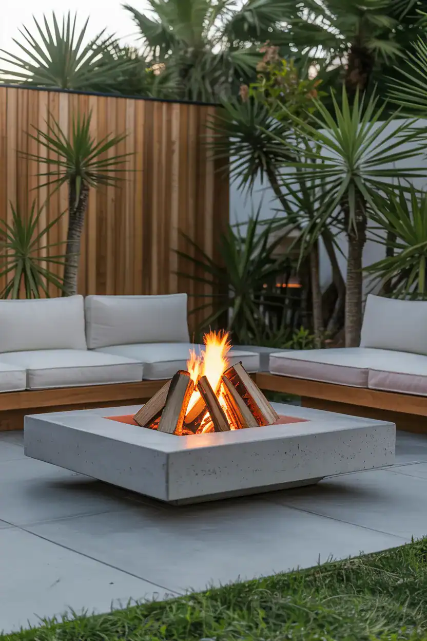 Minimalist concrete fire pit with contemporary seating in a modern backyard