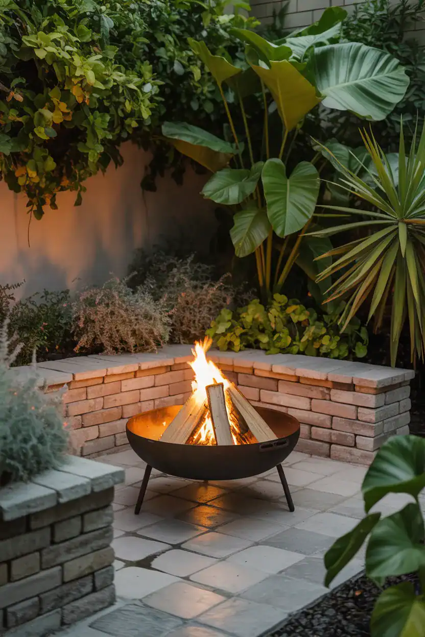 Fire pit nestled in a lush garden corner surrounded by plants