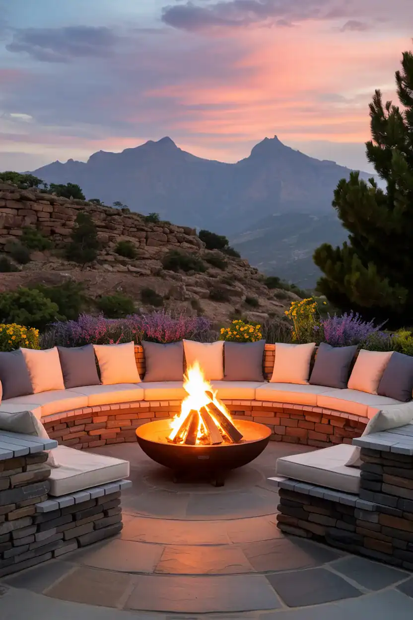 Fire pit surrounded by built-in stone or wooden benches with cushions