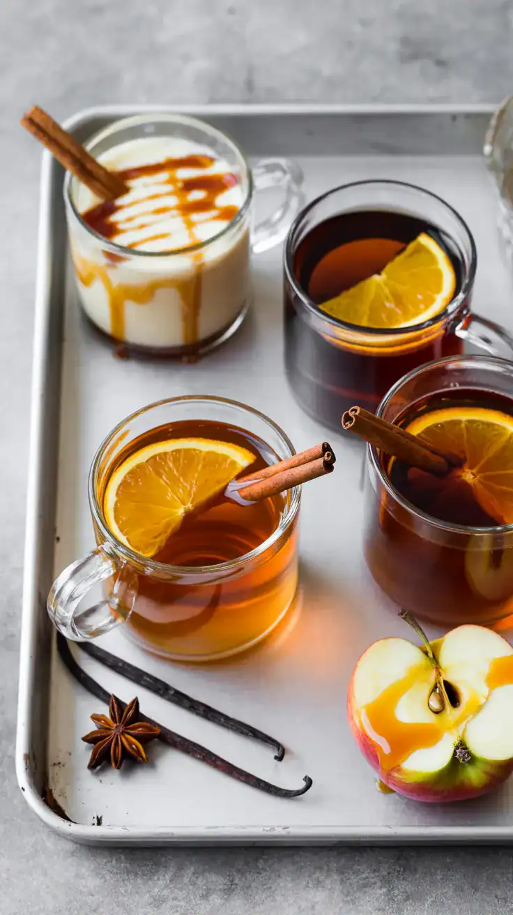 Tasty top view for variations: Overhead shot of a small-batch cider setup with three coordinated mug