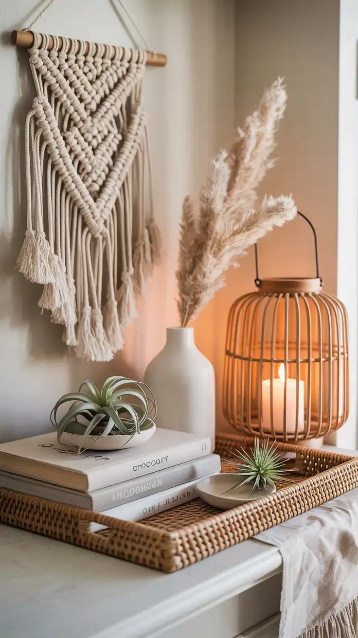 Photorealistic wide shot of breezy boho mantle: a mini macramé hanging draped over the mantle; white ceramic bud vases with pampas sprigs; a couple of air plants resting in shallow dishes; stacked neutral art books; a rattan lantern with a flameless candle; a woven tray corralling pieces; textures front and center with calm neutrals; bright, sunlit room; corner angle for laid-back depth.