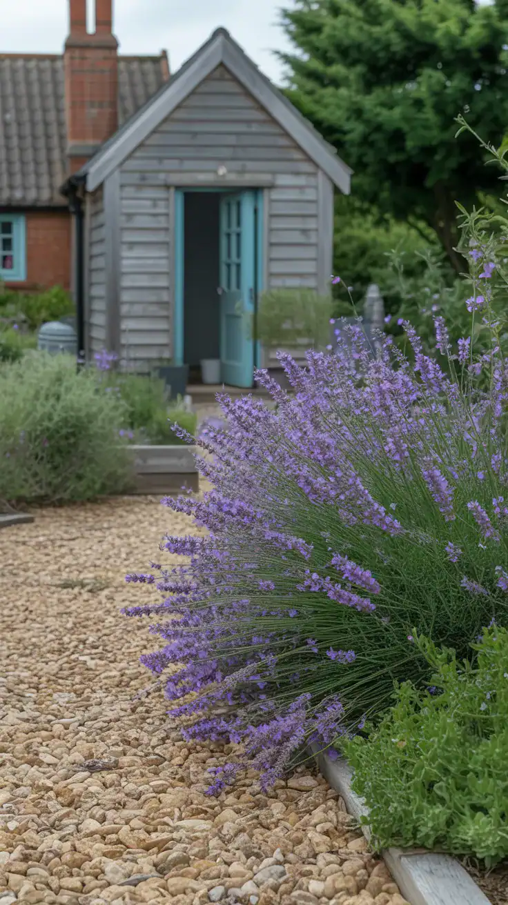 Purple lavender plants softening gravel pathway edges in English cottage garden with rustic charm