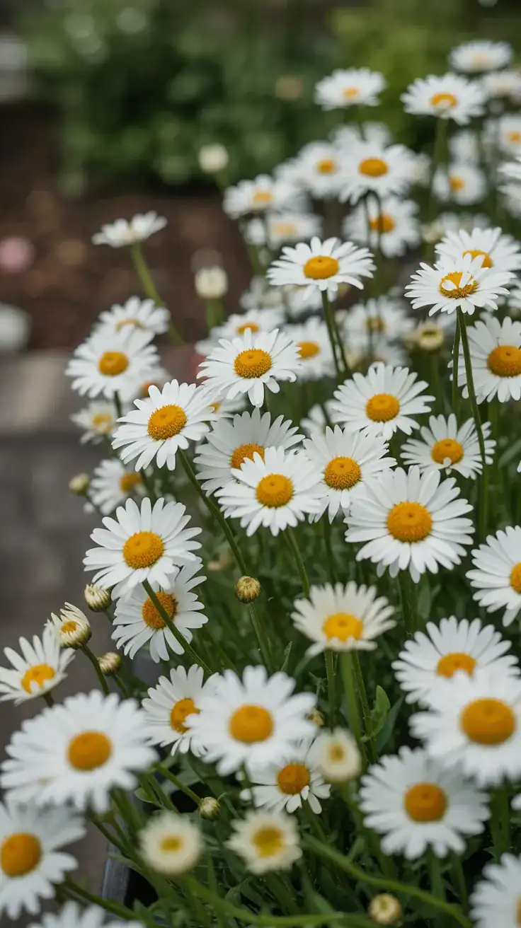 Cheerful English daisies with white petals and yellow centers filling cottage garden border edges