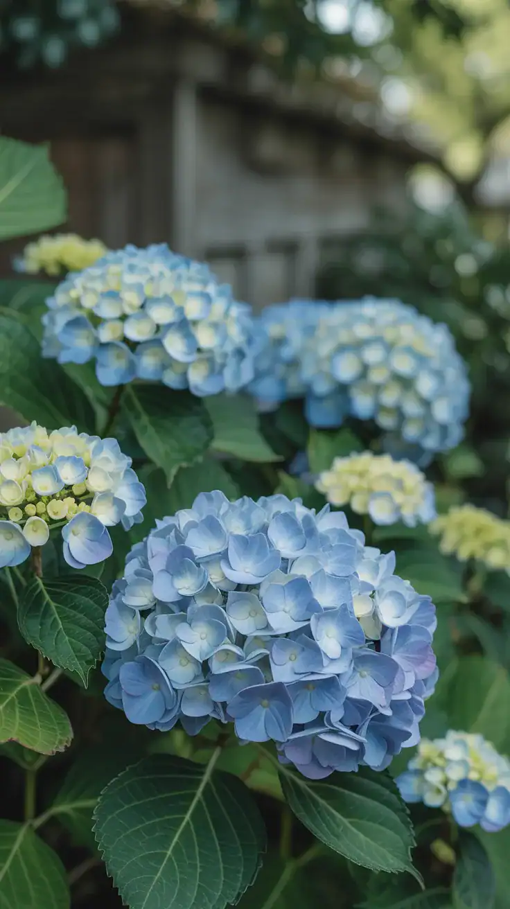 Soft blue and cream hydrangea blooms creating cloud-like volume in English cottage garden shade