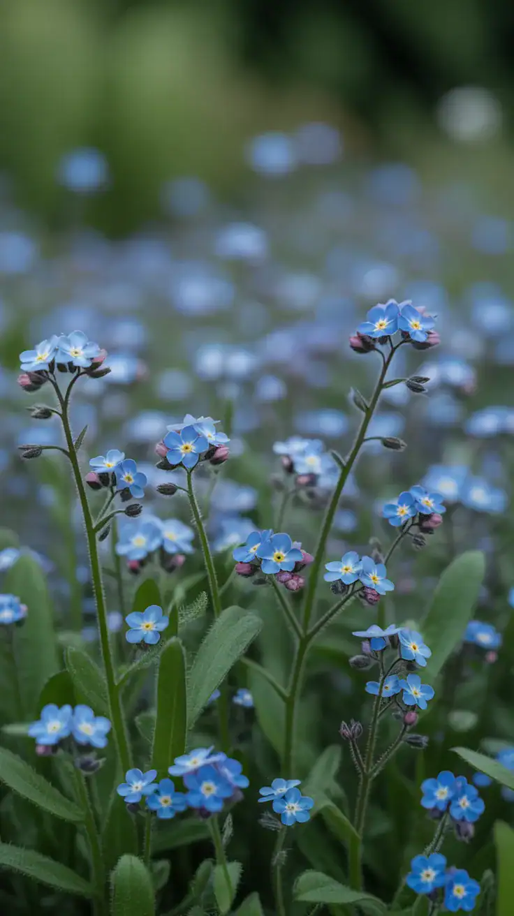 Tiny blue forget-me-not flowers creating delicate carpet under taller cottage garden plants