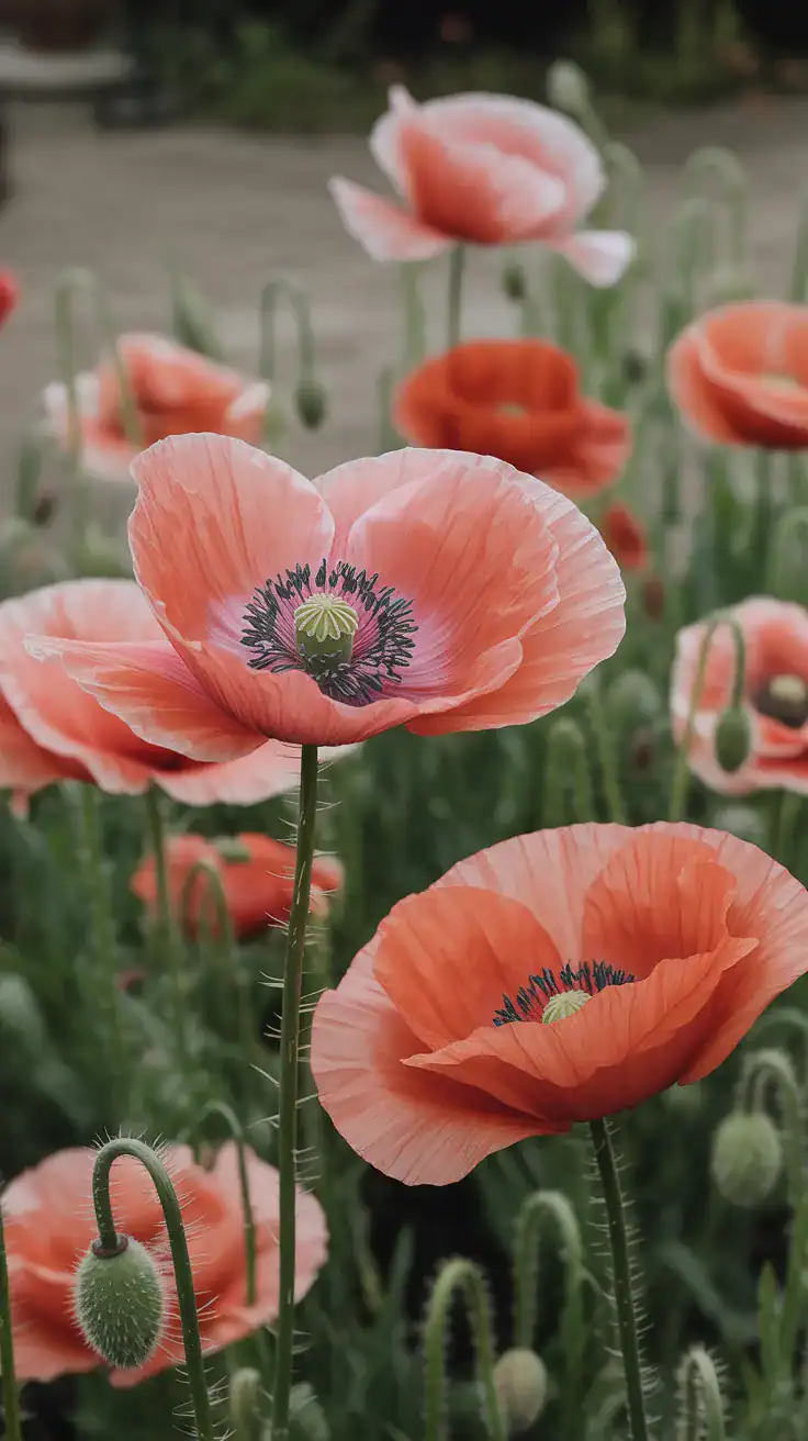 Soft pink poppies with papery petals swaying in breeze creating ethereal cottage garden movement