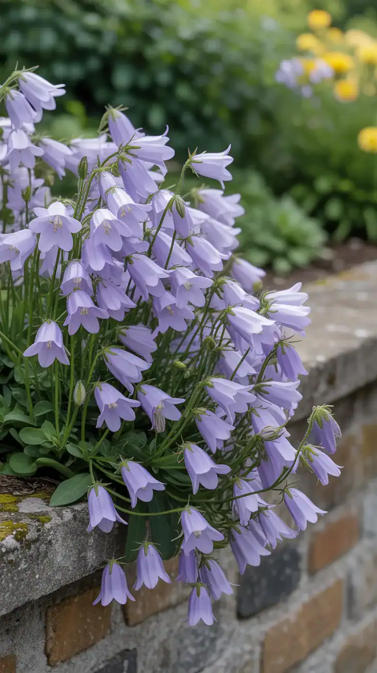 Bell-shaped campanula flowers in soft violet cascading over stone border creating flowing cottage garden edge