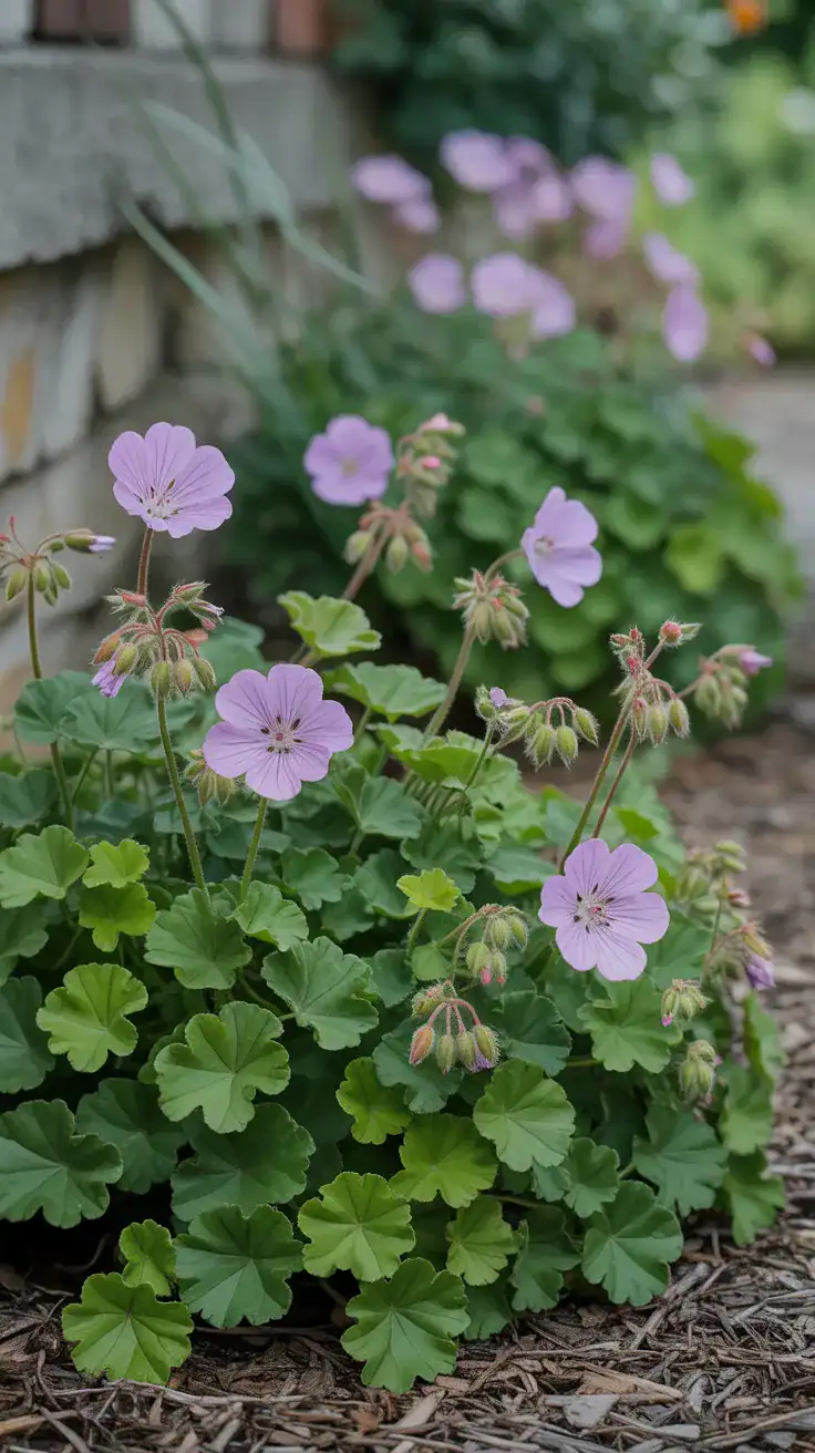 Hardy geraniums with rounded foliage creating dense layered groundcover in English cottage garden