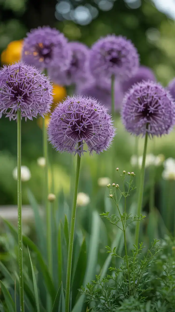 Purple allium globe flowers floating above lower cottage garden plants adding sculptural structure