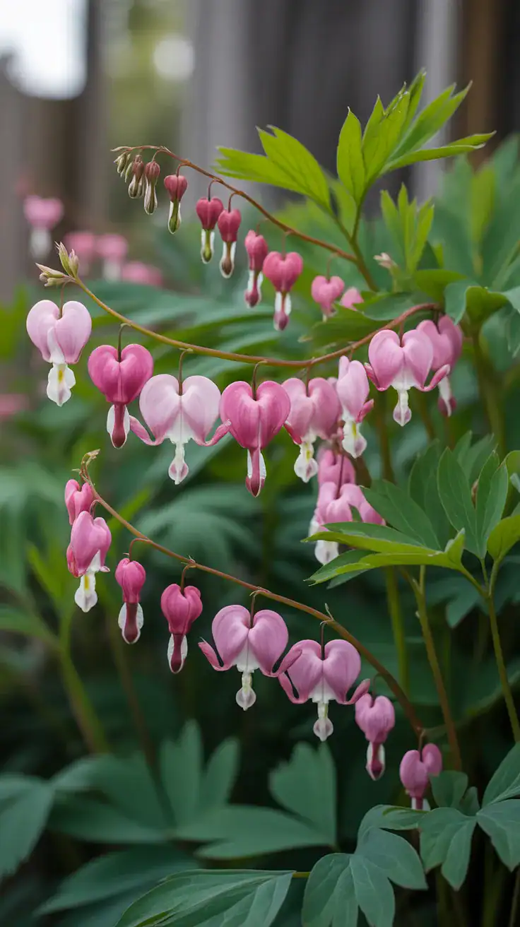 Delicate heart-shaped bleeding heart flowers in shade creating romantic woodland cottage garden atmosphere