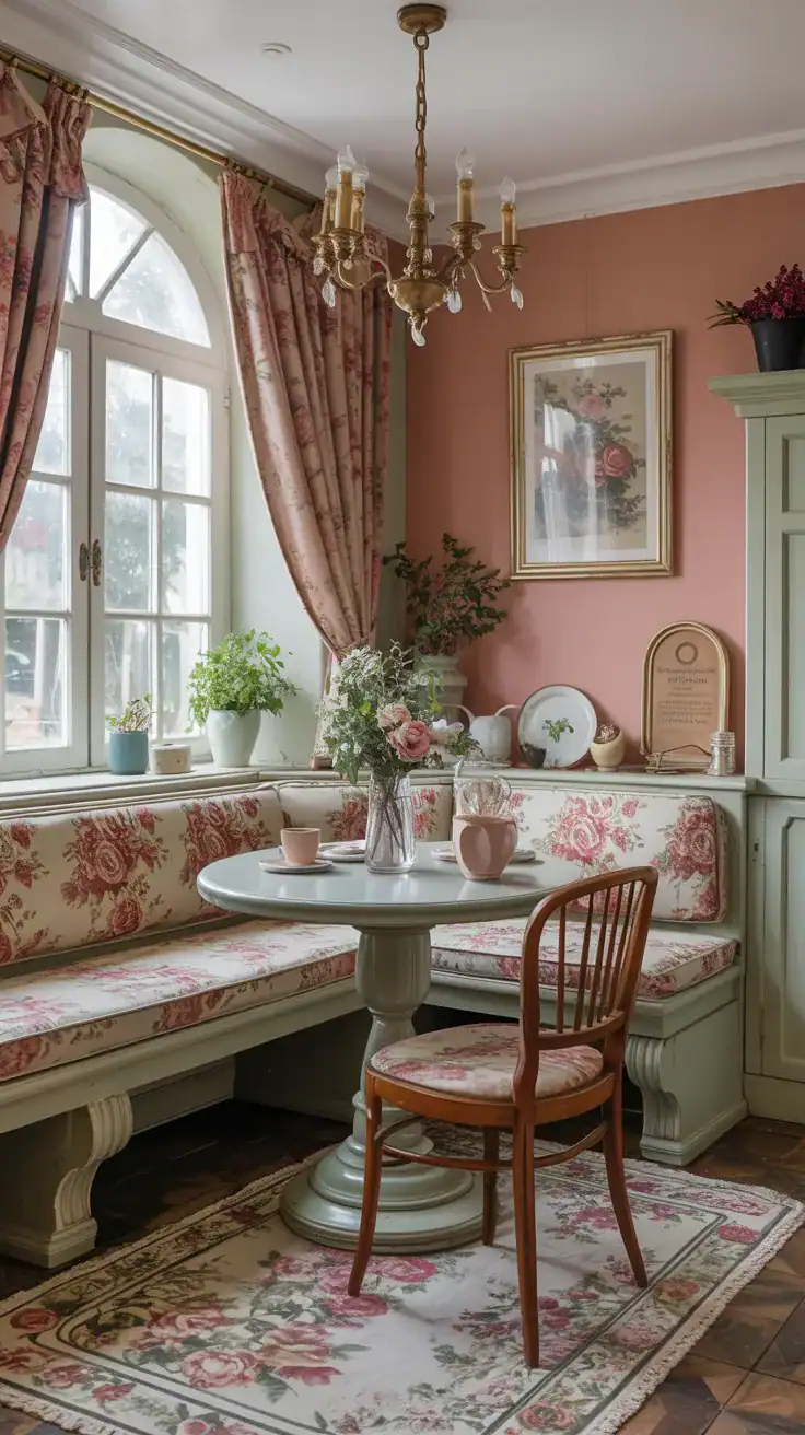 vintage breakfast nook with built-in bench featuring soft faded floral upholstery in rose and sage tones