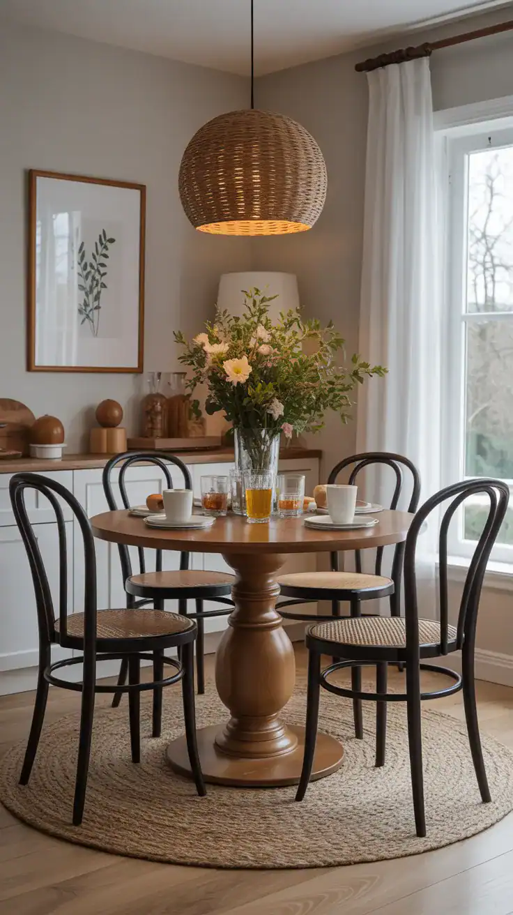 intimate breakfast nook with round pedestal table in honey oak and Thonet-style bentwood chairs