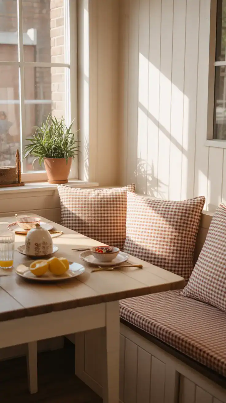 cheerful breakfast nook with small-scale gingham cushions in faded red and white on wooden bench