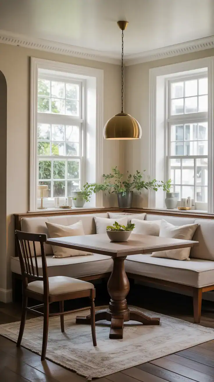 compact corner banquette upholstered in soft linen with turned-leg dining table and warm brass pendant